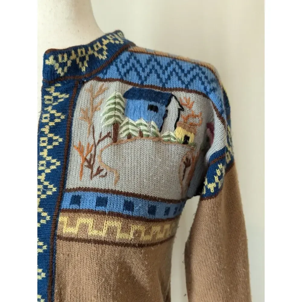 Vintage 1980s Knit Cardigan Sweater Sm Brown Open Front Wrap Belted Cottagecore